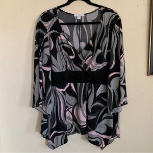 🍒BOGO Dressbarn Asymmetrical Surplice Bell Sleeve Blouse 2X Gray Black Pink